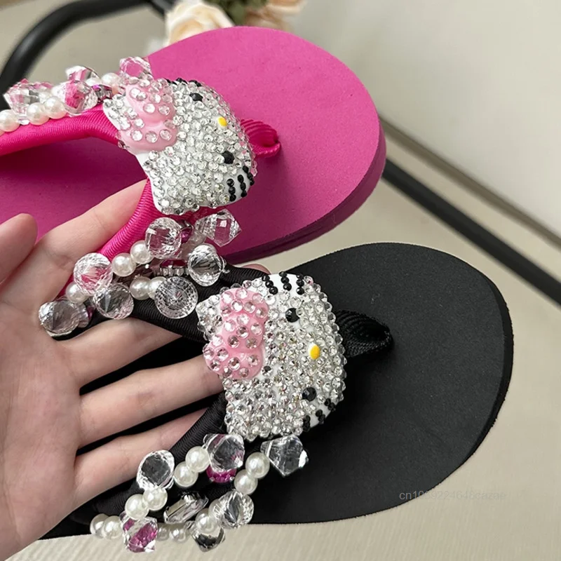 Sanrio Hello Kitty Cute Pink Rhinestone Slippers Korean Version Trend Thick Sole Flip Flops Summer Beach Y2K Spicy Girl Slippers