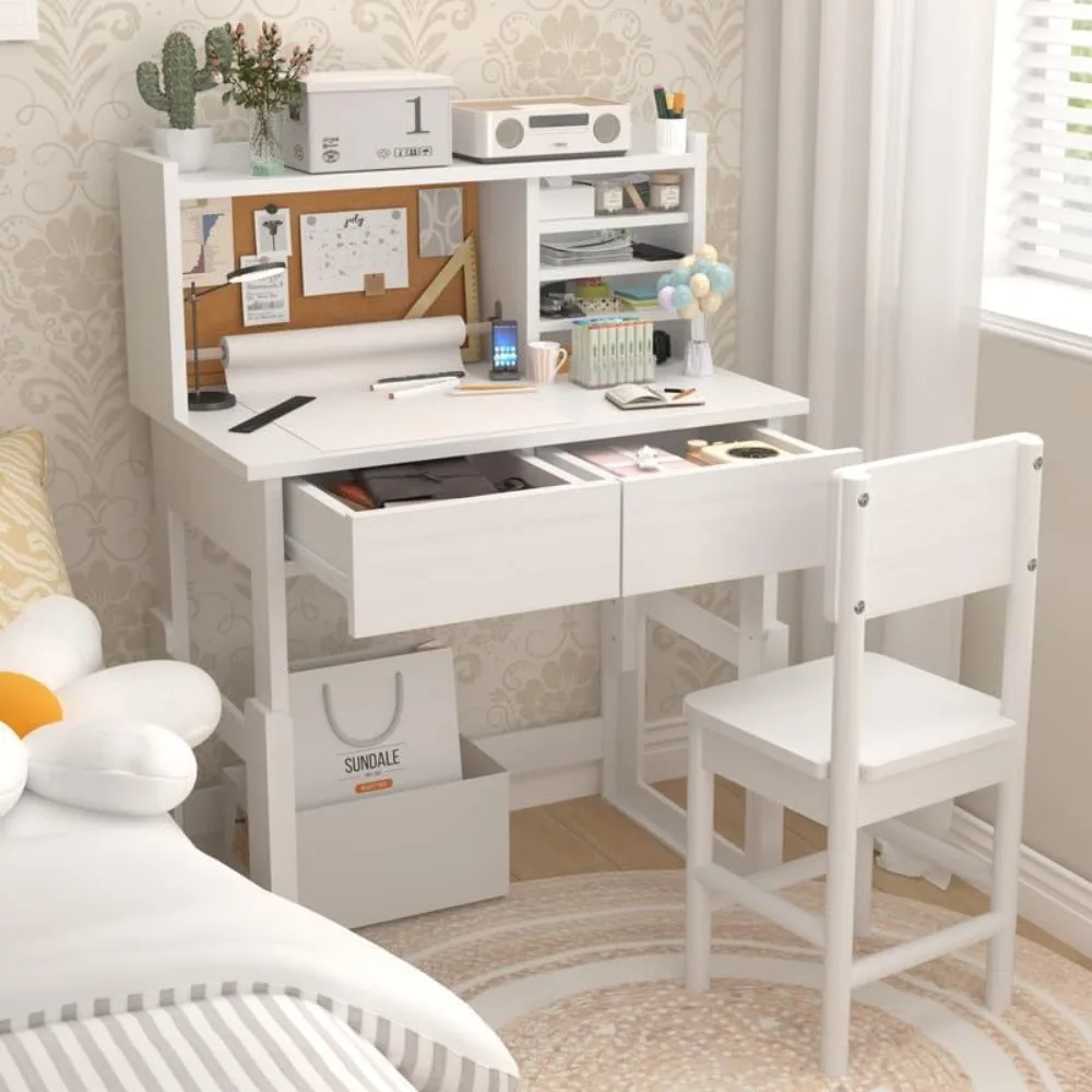 

White Kids Desk and Chair Set for 5-18 Year Old,Ergonomic Height Adjustable Childrens Study Desk with 2 Drawers