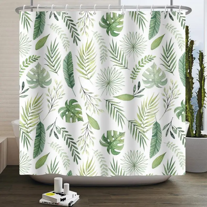 Tropical Leaves Shower Curtain Palm Tree Plants Green Leaf Flower Home Bathroom Wall Decoration Hanging Curtains 12 Free Hooks