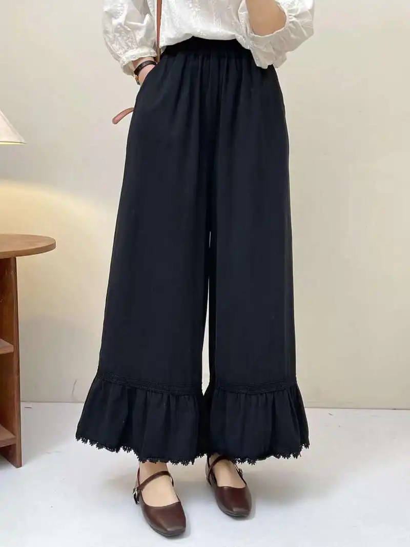 Japonês doce mori menina cor sólida renda bainha calças de perna larga feminino outono nova cintura elástica casual solto calças retas