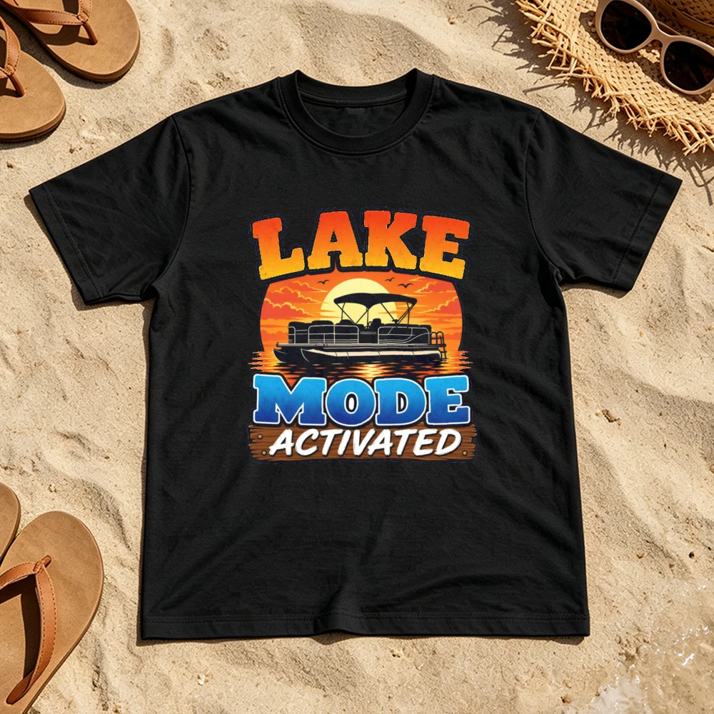 Pontoon Boat Lake Mode Activated Graphic T-Shirt Men Vintage Sunset Lake Life Casual Cotton Tee Vacation Short Sleeve Tops