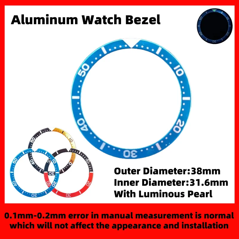 38mm*31.6mm Aluminum Ring Luminous Pearl Arabic Watch Bezel Insert For Men's Watch Cases Replace Accessory