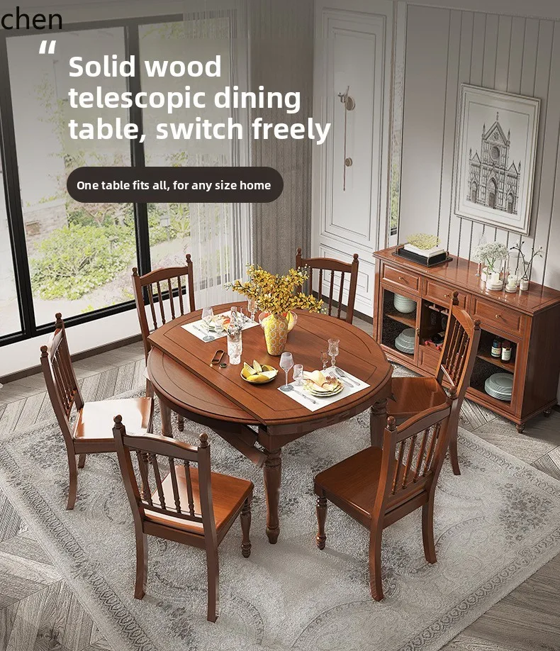 ZML Solid Wood Extendable Round Dining Table and Chair Set Simple Restaurant Dining Table for Small Apartments