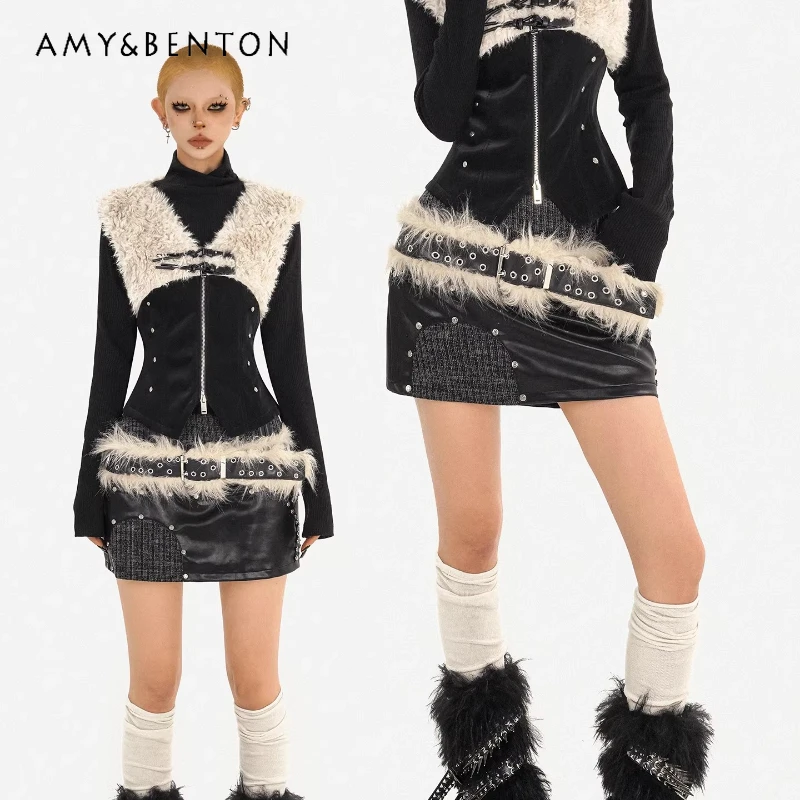 

Original Punk Style Design Leather Women's Skirt Autumn Winter New Heavy Knit Splicing Fashion Personality Short Skirts Ladies