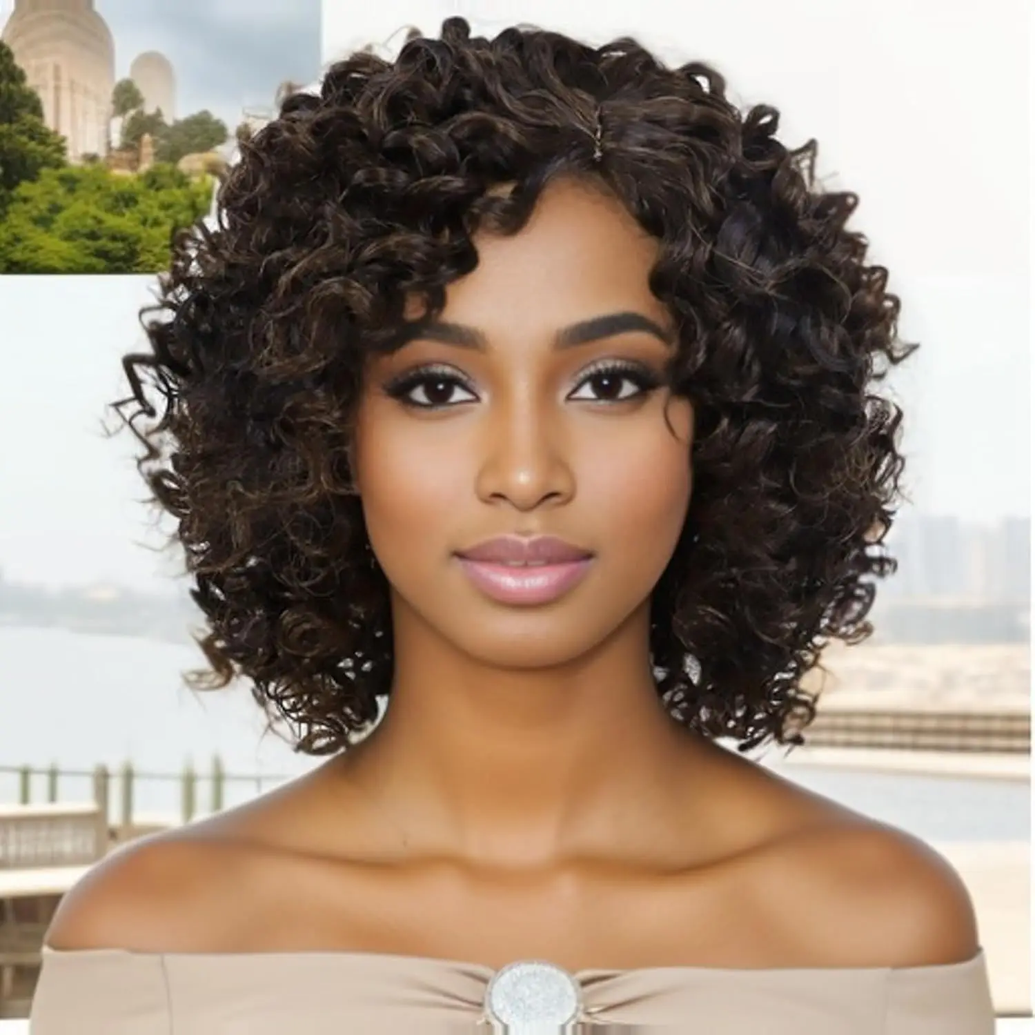 Ombre Brown 70s Afro Wigs for Women Short Curly Wigs with Side Bangs Synthetic Kinky Wig Natural Hair African American Wigs