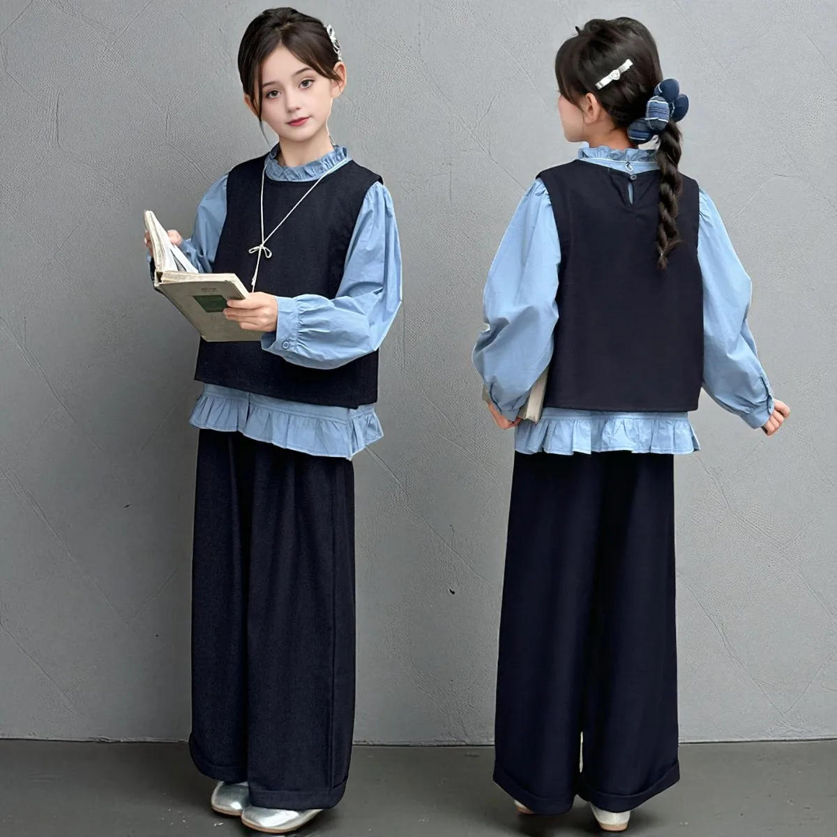 

Back to School Clothing for Girls Outfits Set Toddler Kids Vest & Blue Shirt & Pants 3pcs Teens Kids Costumes 6 8 10 12 13 Years