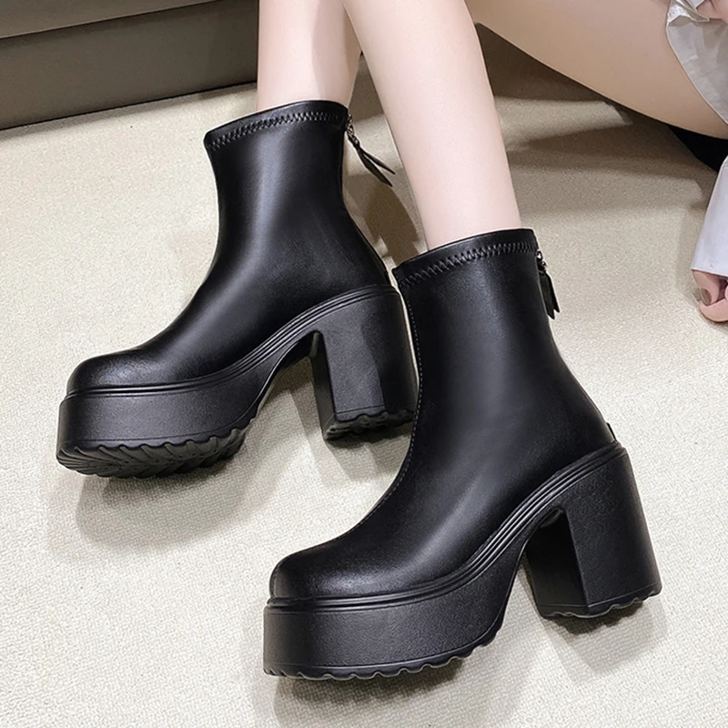 PU Leather Chunky Platform Ankle Boots Women Back Zipper Thick Heeled Short Boots Woman Super High Heels Black Punk Shoes Ladies