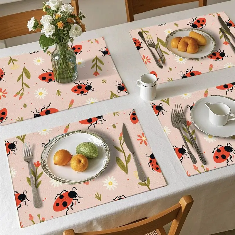 4pcs Rectangular Placemats Suitable for Family Gatherings Restaurants Table Mats with Ladybug Flower Print