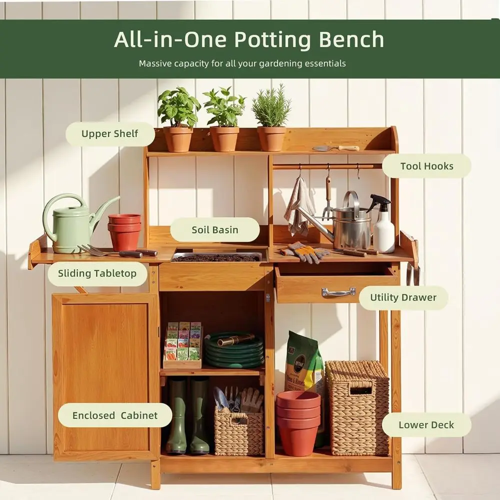 Potting Bench, Nordic Scots Pine Potting Table with Sliding Tabletop, Removable Sink, Garden Bench, Workstation or Outside Patio