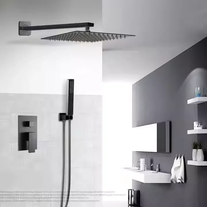 Black Bathroom Head Shower System Bath and Shower Taps Wall Mounted Rainfall Concealed Shower Mixer Tap Set