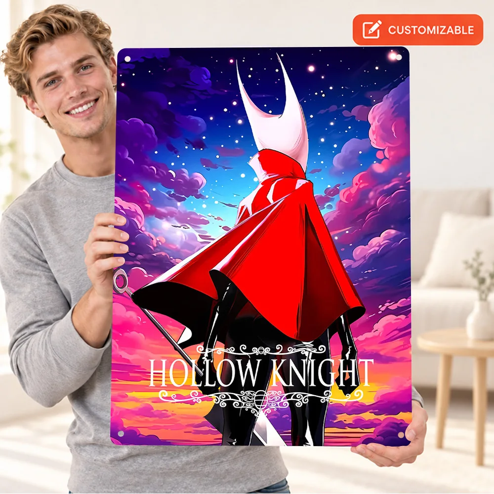 Hollow Knight Textured Metal Poster Personalized Aluminum Sign Hornet Starry Sky Illustration Wall Art For Bedroom Gamer Gift