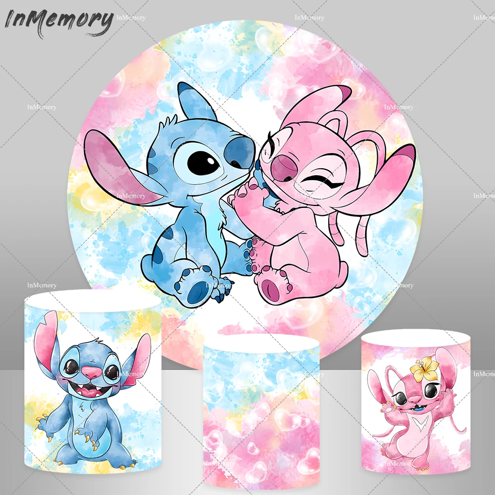 Lilo & Stitch Round Backdrops Cover Waterolor Stitch Gender Reveal Circle Background Baby Shower Birthday Party Wall Decoration