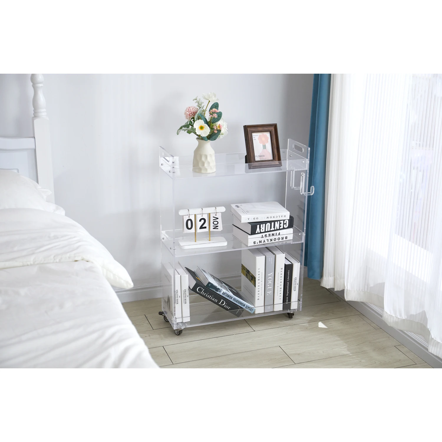 

Acrylic Rolling Side Table - 3 Tiers End Table with Lockable Wheels - Small Clear Table for Living Room,