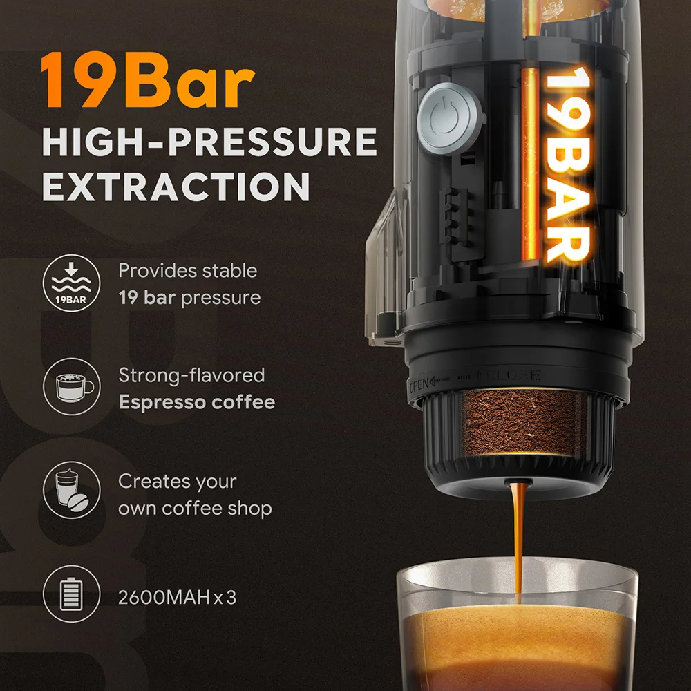 Portable Electric Espresso Machine Travel Coffee Maker for Camping 3 in 1 Self-Heating for Ground Coffee & DG NS Capsule Pods