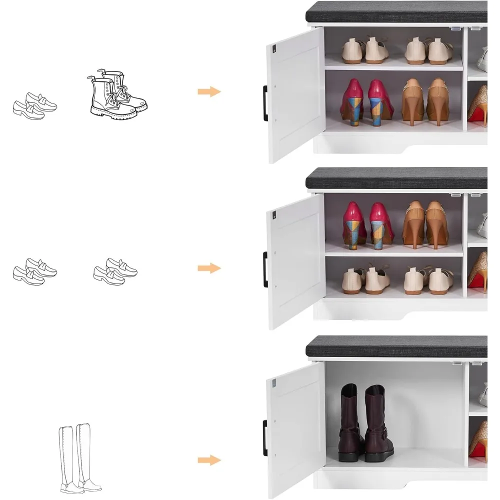Panca portaoggetti bianca a 2 livelli con sedile imbottito, ripiano regolabile e ante di fienile per ingresso