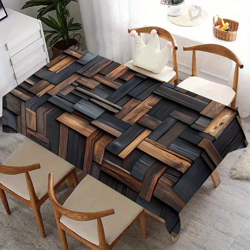 One square home table decoration, with a wooden patchwork wall design and printed tablecloth