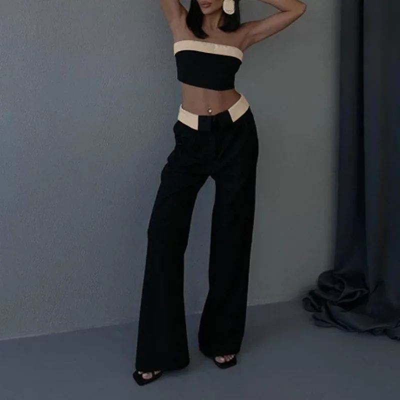 Two Piece Sets Women Pant Set Strapless Sleeveless Sexy Vest Short Tops Wide Leg Long Pants Elegant Matching Sets High Waist