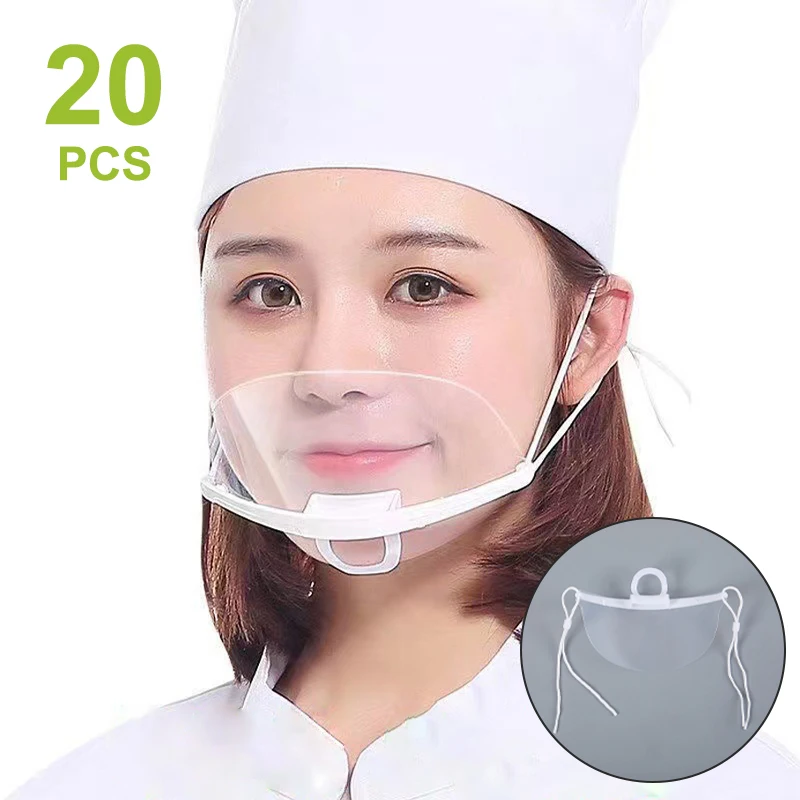 [New] 20PCS Clear Plastic Catering Mask Hotel Beauty Chef Waiter Protective Mask Reusable Visible Splash Proof Mask
