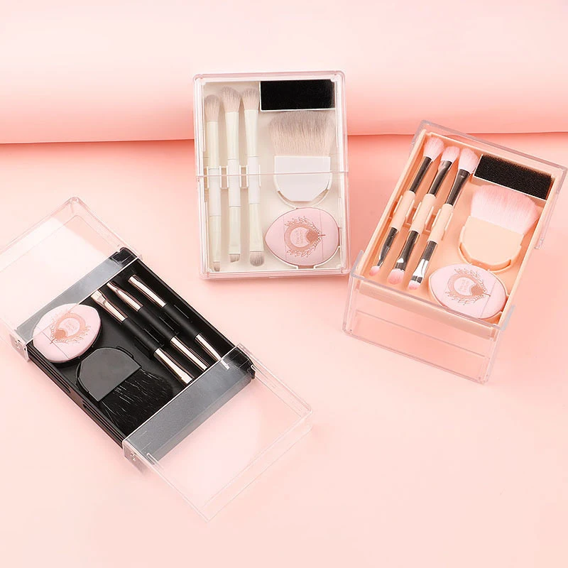 5 pçs pincéis de maquiagem conjunto fundação contorno sombra blush escova em pó puff portátil pincéis cosméticos viagem com caixa