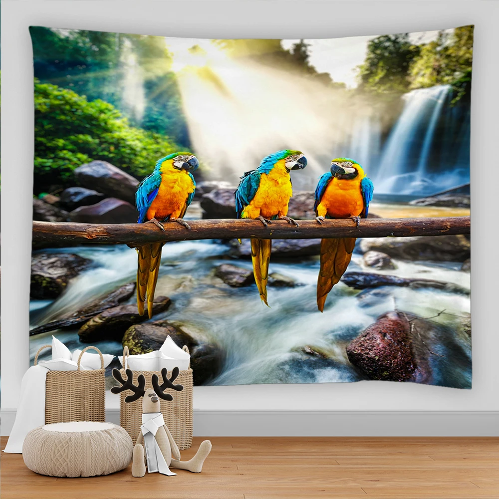 Parrot Tapestry Blue Yellow Macaw Tropical Waterfall Nature Scenery Tapestrie Bedroom Living Room Decor Wall Hanging