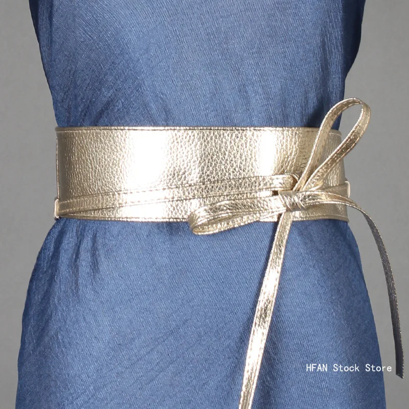 New Designer Spring Autumn Women Belt for Dress Fashion Metallic Color Soft Faux Leather Wide Belt Self Tie Wrap Waist Dress