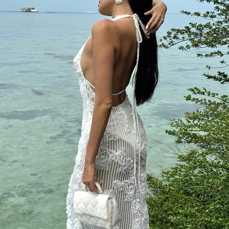 Novo sexy halter baixo corte jacquard vestidos longos moda verão sem costas de malha vestido feminino férias praia sólido bikini cobrir