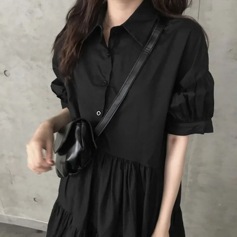 Summer New Sle plus Size Retro Bla Dr Women's Loose Meat Concealing ort Sve Dr  Collar High Waist A-Line S...