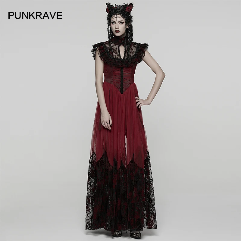 PUNK RAVE Women's Gothic Perspective Velvet Flocking Flying Sleeve Dress Layered Collar Elegant Charm Party Long Dresses