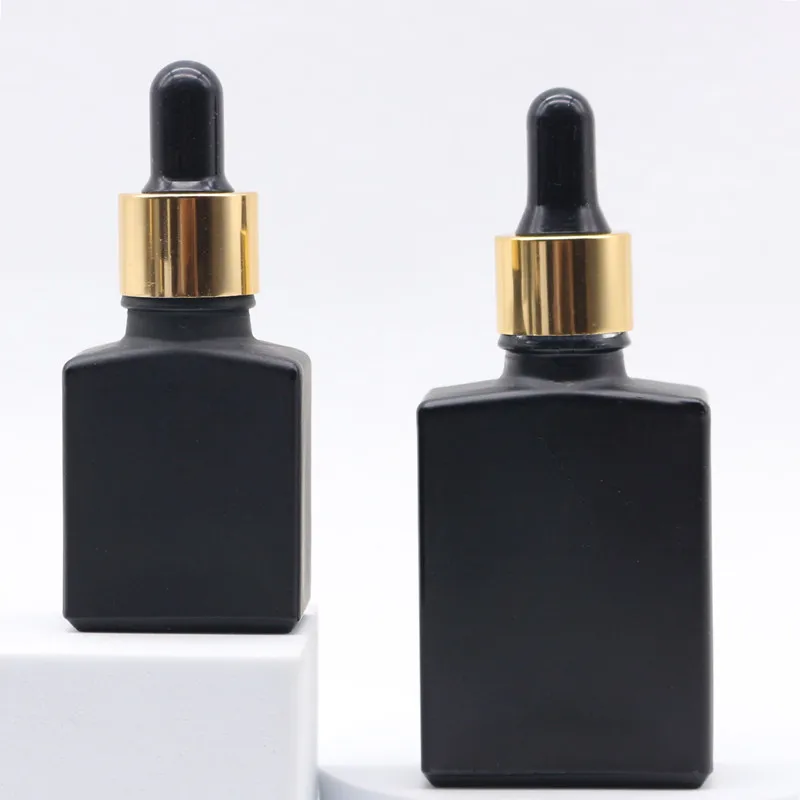 Wholesale 1oz Rectangular Beard Essential Oil Bottles 30ml 50ml 100ml Rectangle Frosted Matte Black Dropper Square Glass Bottle