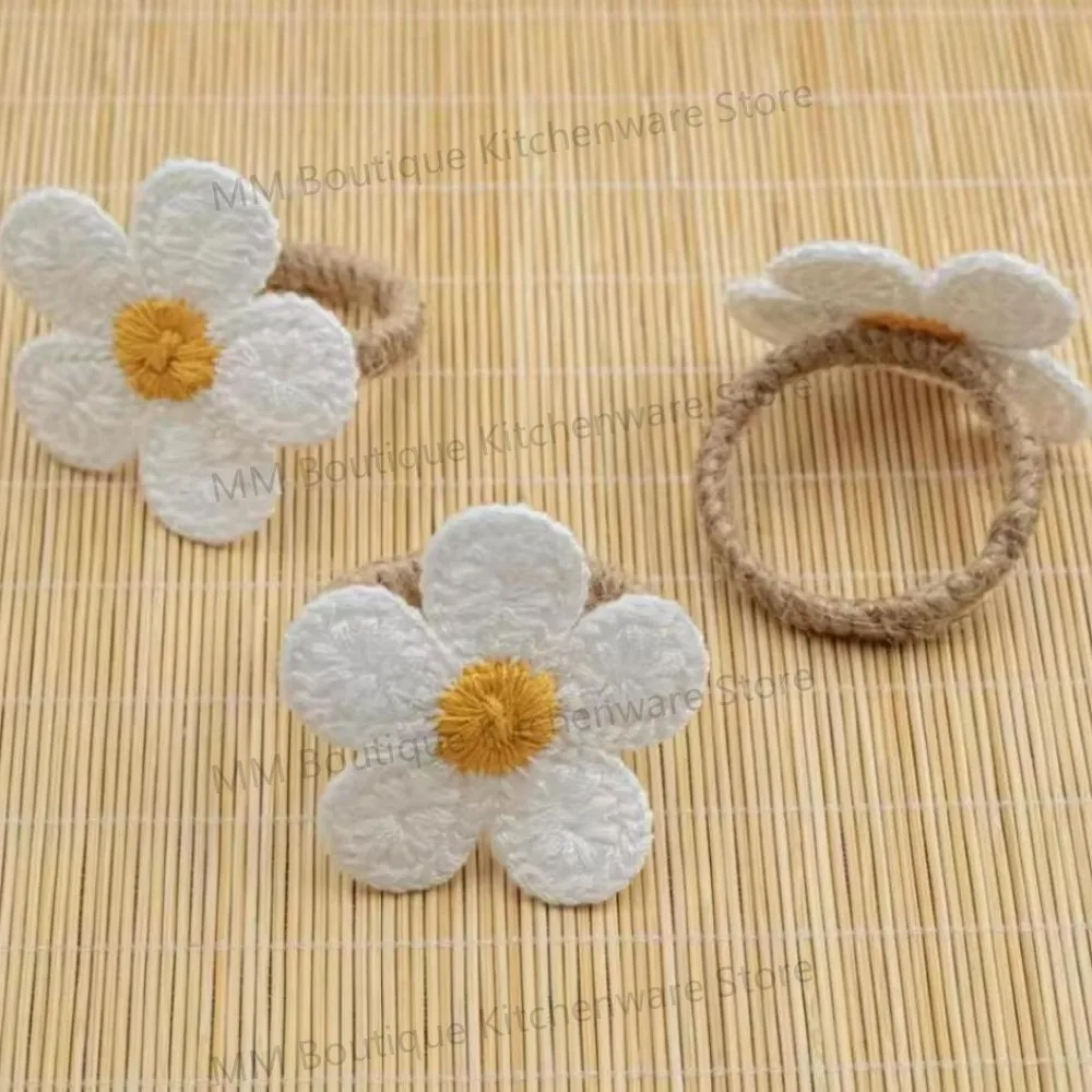 6Pcs Hand Knitted Daisy Napkin Rings Colorful Crocheted Floral Table Decor for Wedding, Mother'sDay, Christmas & Birthday