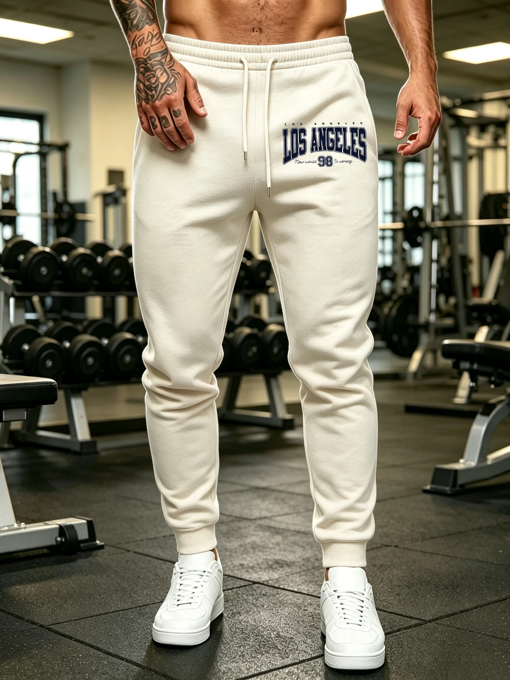 Los Angeles New World Is Coming Print Mens Versatile Pocket Sweatpants Trendy Drawstring Pants Fleece Comfy Jogging Long Pant