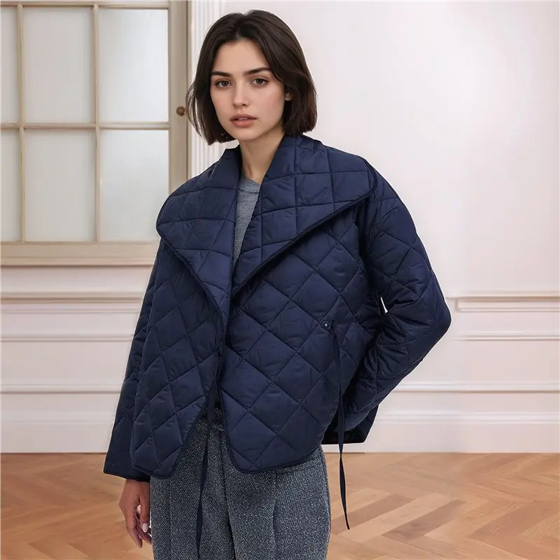 PORK-Quilted Puffer Jackets Lightweigh Padded Coats Lapel Neck Button Down Outwear With Pockets