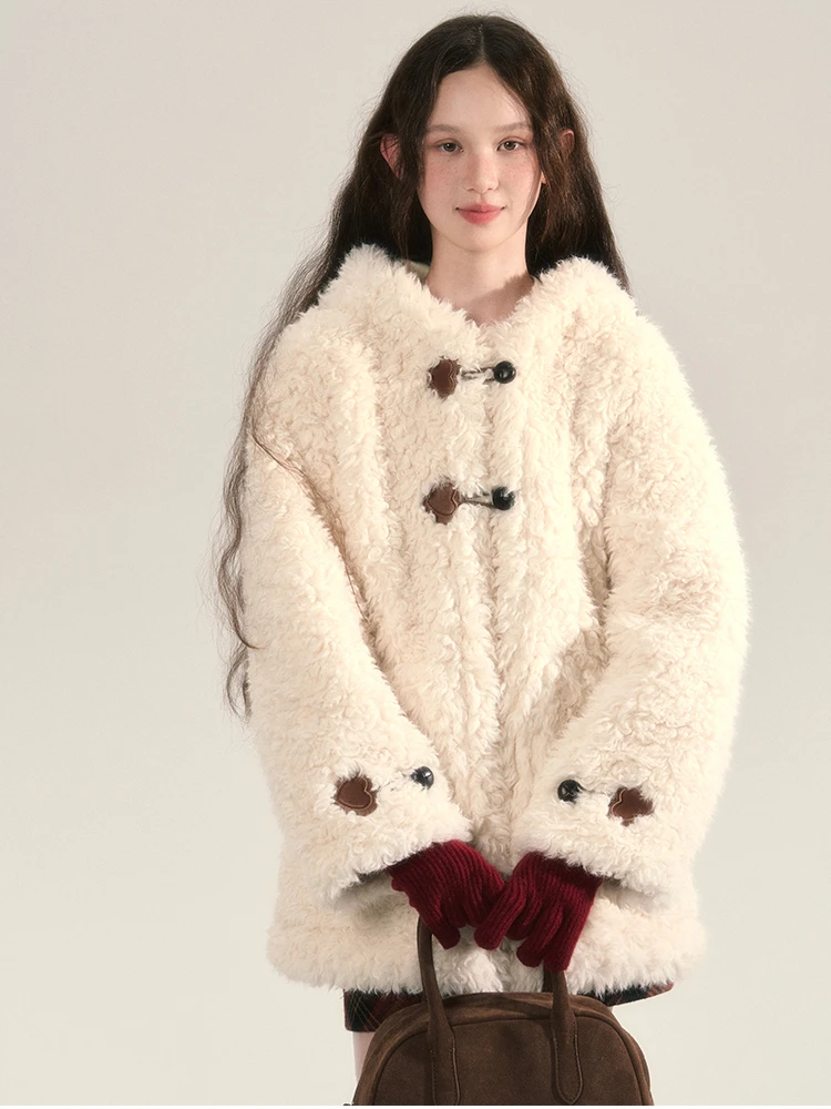 Retro Sweet Loose Lamb Wool Soft Glutinous Fur One Long-sleeved Hooded Cotton Square Collar Single-breasted Jacket Ms. Y2k