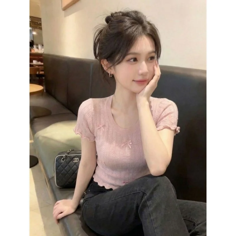 Pink U-Neck Knitted Short Sleeve T-Shirt Women's Summer Slim Fit  Knot Top Fashionable Casual Wear Polyester Fiber