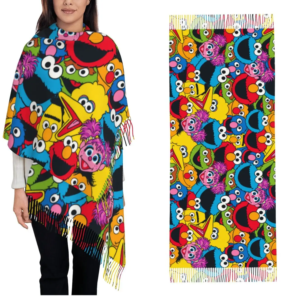 Women Scarf with Tassel Sesame Street Crew Pattern Large Winter Warm Shawl and Wrap Cookie Monster Cartoon Gift Pashmina Scarves