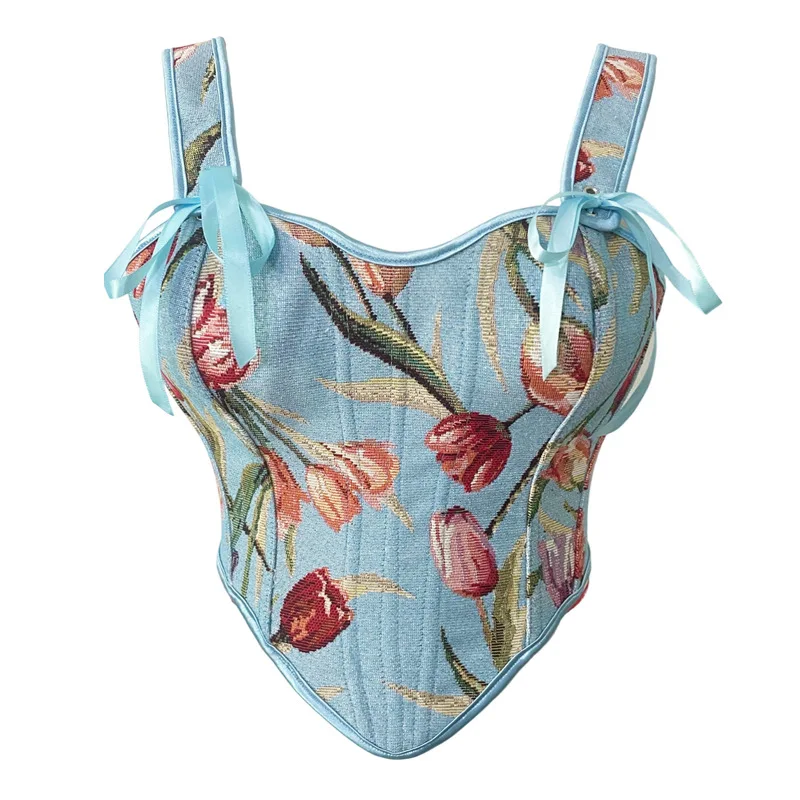 Women Floral Print Corset Adjustable Ribbon Straps Pointed Hem Sweet Victorian Bustier Top