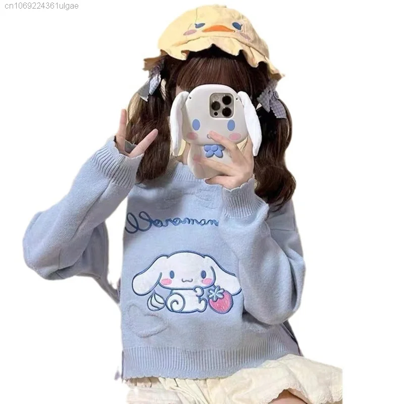 Sanrio Kuromi Melody Cute Soft Girl Embroidered Round Neck Sweater Autumn Winter Short Knitted Top Women Japanese Style Sweaters