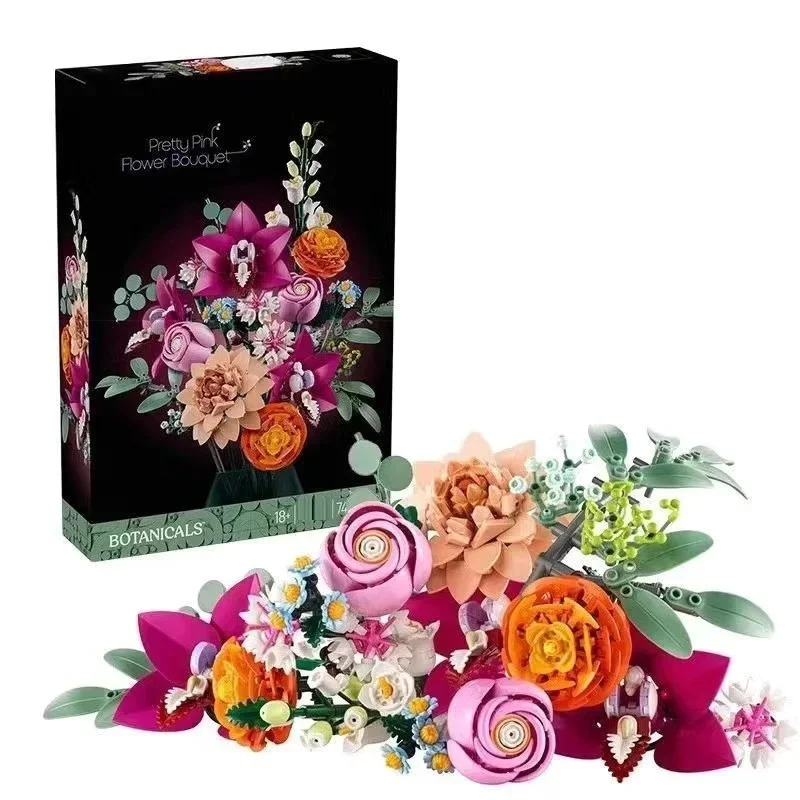 Künstlicher Blumenstrauß DIY Bausteine Botanische Kollektion Heimdekoration Rose Orchidee Topfpflanze Geschenke für Frauen Mutter Ehefrau