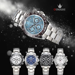 Oumashi 39mm DTN VK63 Movement Men's Watch Panda Three Eye Quartz Watch Sapphire Stainless Steel Waterproof Timing Code