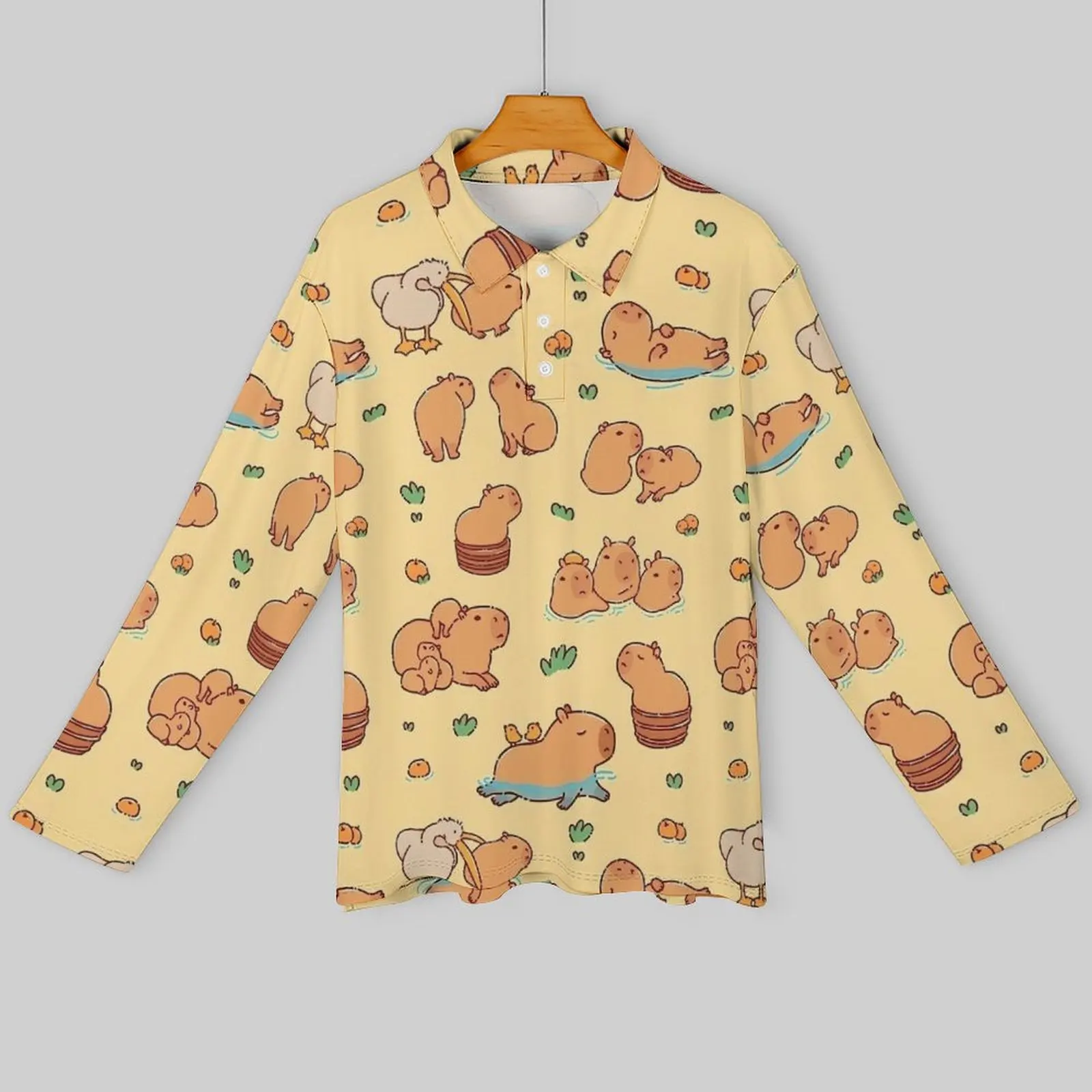 Capybara Print Polo Shirts Men Kawaii Animal Casual Shirt Autumn Streetwear Collar Long Sleeve Pattern Oversized T-Shirts