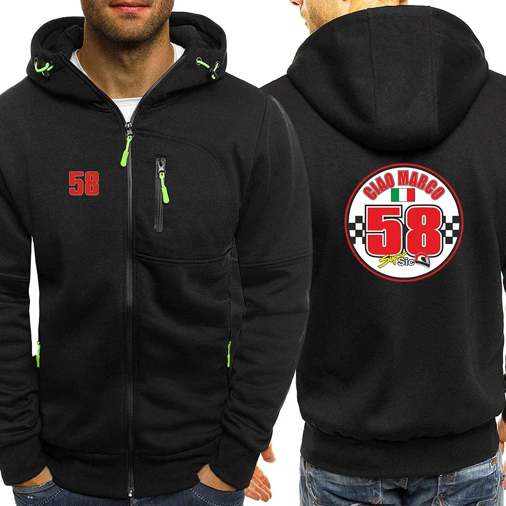 2024 Spring Autumn New Men's Marco Simoncelli Super Sic 58 Logo Print Harajuku Leisure Solid Color Popular Zipper Hooded Hoodies