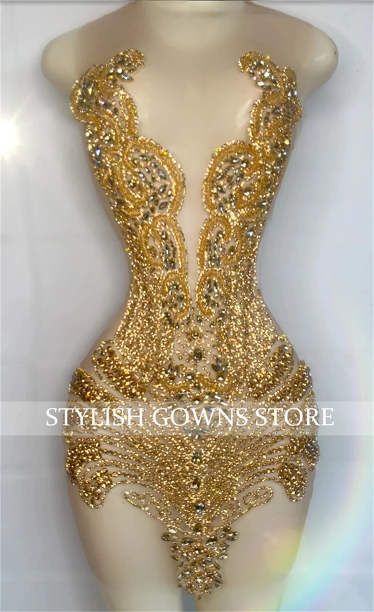 Gold O Neck Short Prom Dress For Black Girls Bead Crystal Rhinestone 2024 Birthday Luxury Dress Mermaid Mini Cocktail Customized