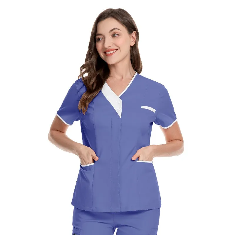 

Women Uniforms Hospital Nurse V-Neck Short Sleeve Tops With Pockets Buttons Scrub Uniforms Beauty Salon Spa Clothes For Women