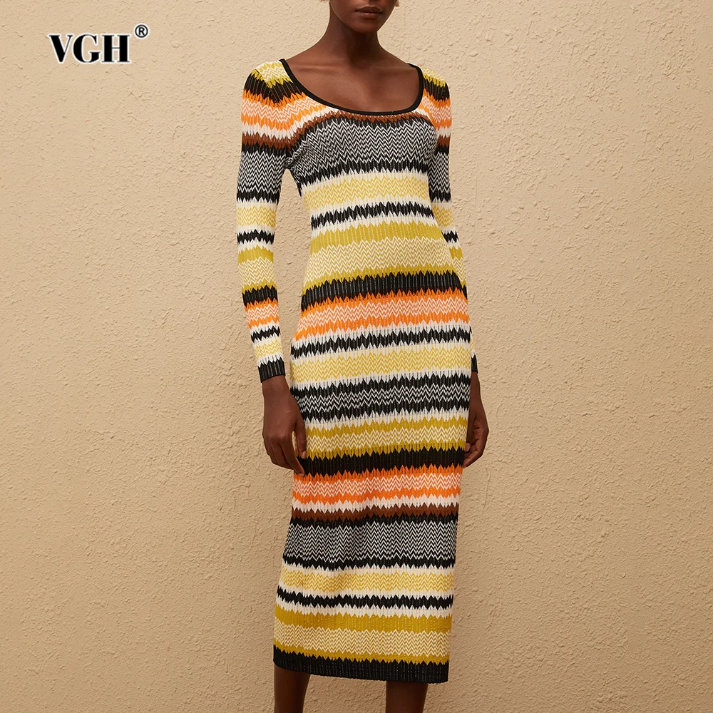 

VGH Colorblock модные утягивающие платья-свитера для женщин с круглым вырезом и длинным рукавом с высокой талией повседневное полосатое платье женский осенний стиль