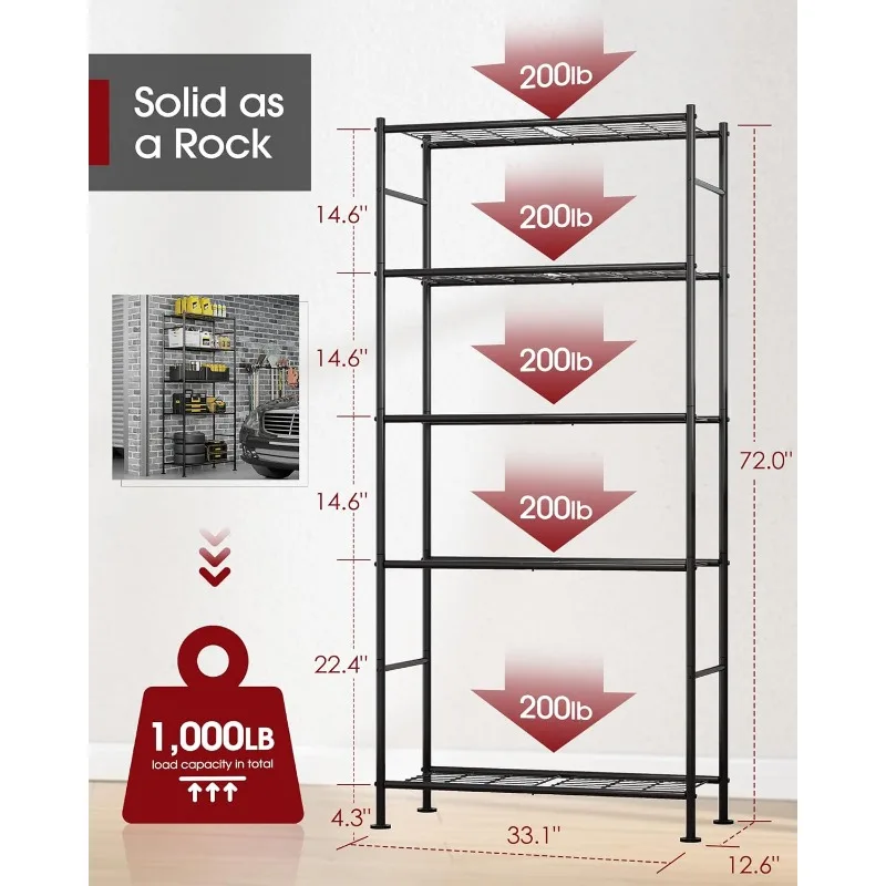 Storage Shelves - 5 Tier Shelf Organizer, Heavy Duty Garage Shelving Unit with Leveling Feet, Stable Metal Shelves Organizer