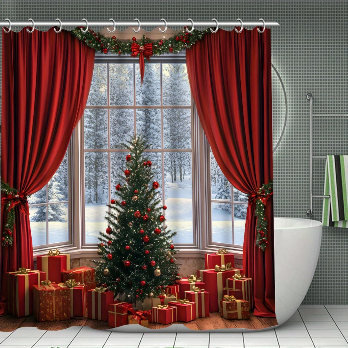 4Pcs Xmas Tree Bath Set,Multicolor Design,Modern Decor,12 Hooks Curtain Set,Non-Slip Mat,U-Shaped Toilet Cover, Bath Accessories