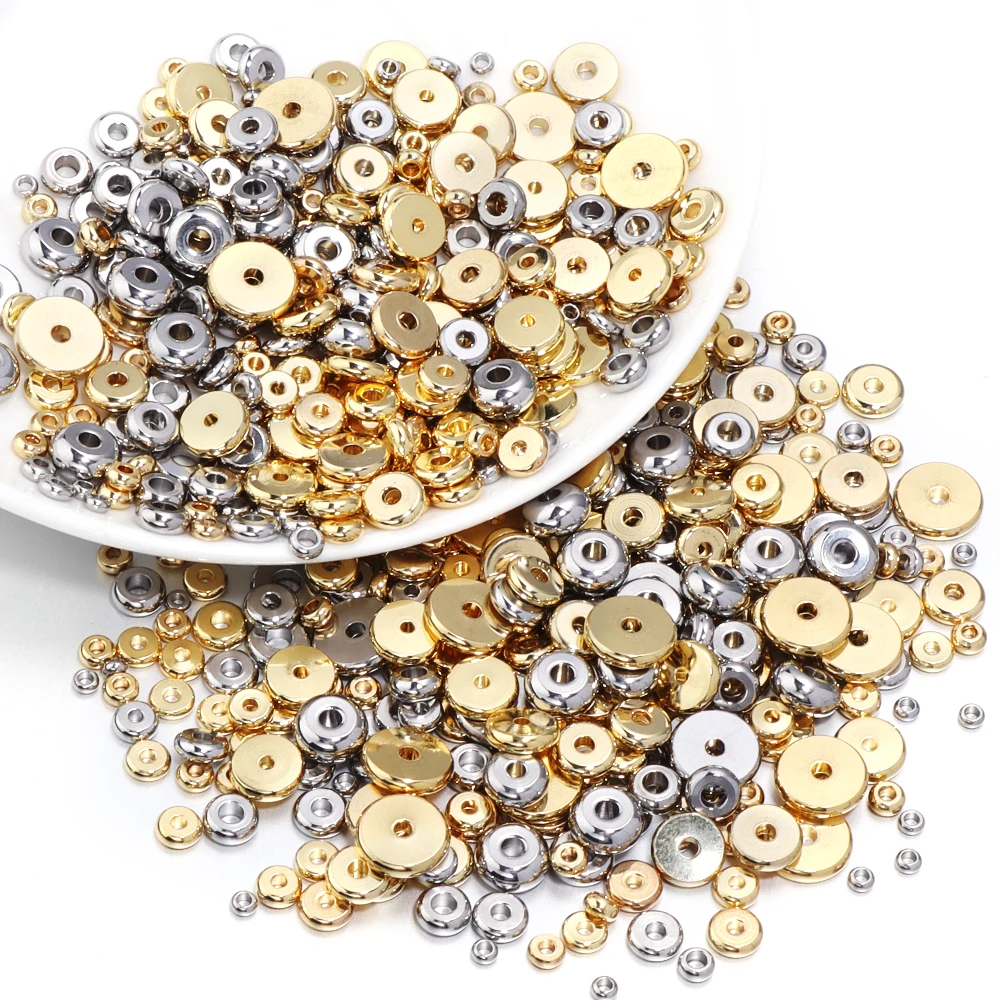 SAUVOO Stainless Steel Flat Round Beads Spacer Bead For Necklace Bracelet DIY Jewelry Making Findings Supplies