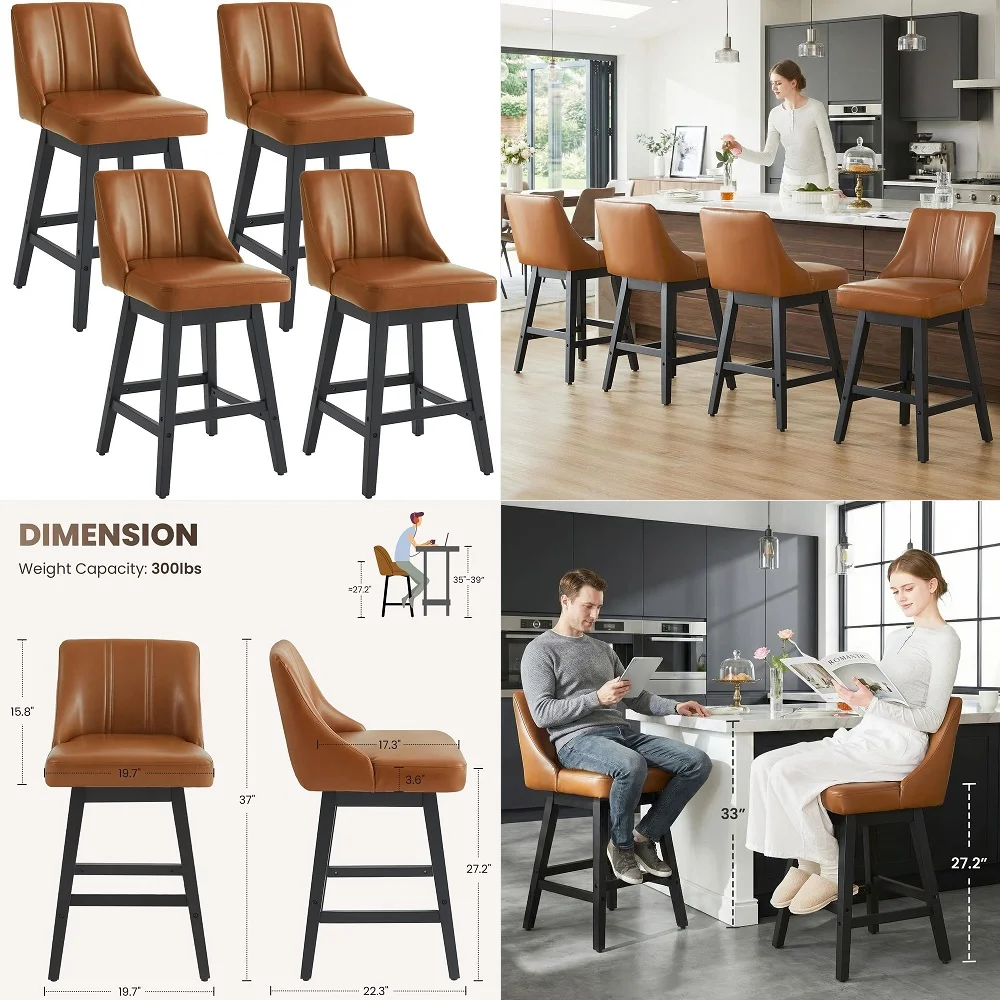 

Swivel Bar Stools Set of 2, Counter Height with Curved Back and Arms, Walnut Wood Frame with Natural Rattan, Black Upholstered