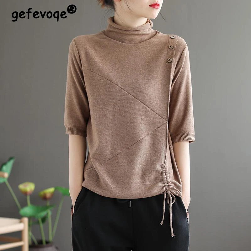 

Women's Clothing 2024 Simple Casual Half Sleeve Loose Basic Knitwear Spring Summer Female Solid Drawstring Pullover Knitted Tops