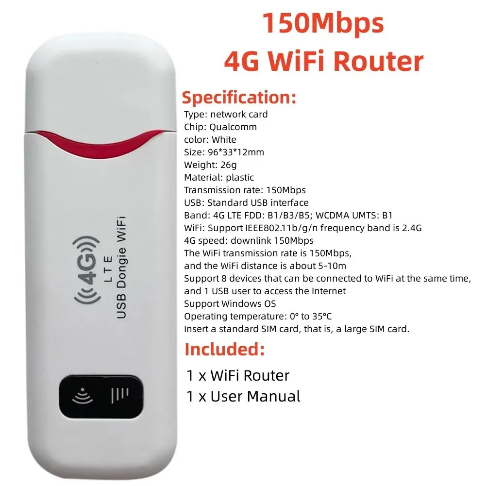 Ejoyous 4G LTE USB WiFi Hotspot Router, 150 Mbit/s, 8 Benutzer, Quad-Band, WLAN USB-Adapter für Reise und Kleinbüro Ejoyous 4G LTE USB WiFi Hotspot Router, 150 Mbit/s, 8 Benutzer, Quad-Band, WLAN USB-Adapter für Reise und Kleinbüro
